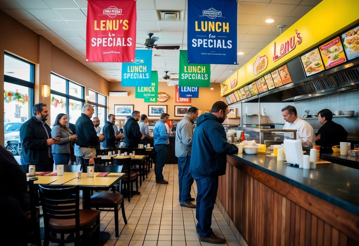 A bustling restaurant with colorful banners and tables set up for lunch specials. Customers line up at the counter, eager to explore Lenu's lunch promotions