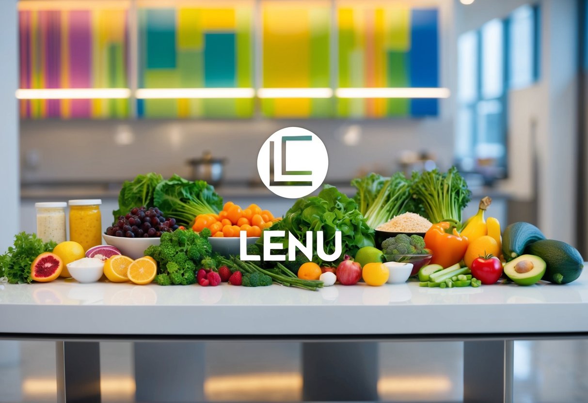 A colorful array of fresh, healthy ingredients displayed on a clean, modern table with the Lenu logo prominently featured