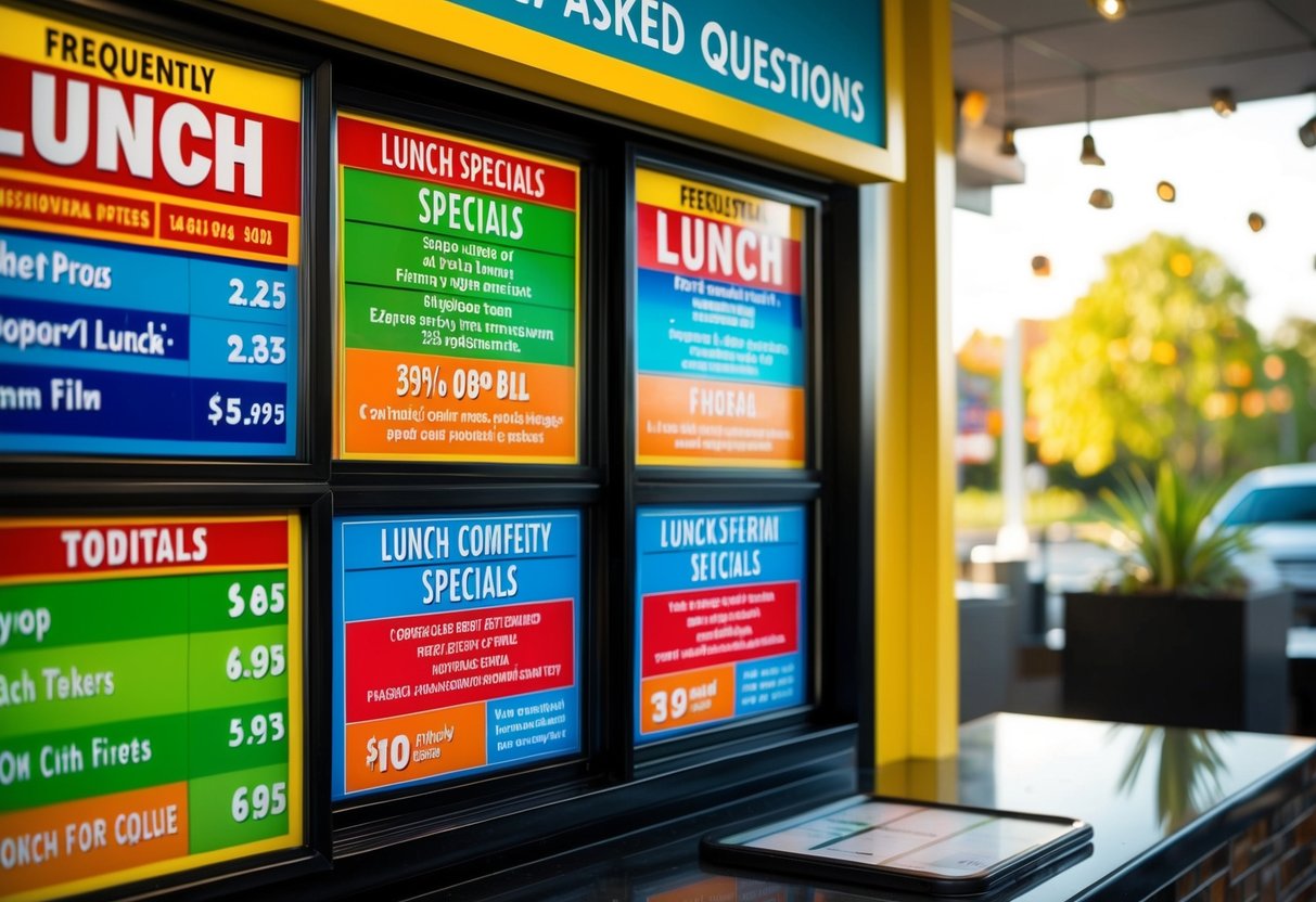 A colorful display of lunch specials with a "Frequently Asked Questions" section nearby
