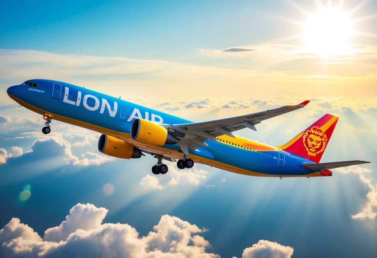 A colorful airplane soaring through the sky with a prominent "lion air" logo, surrounded by clouds and a bright sun