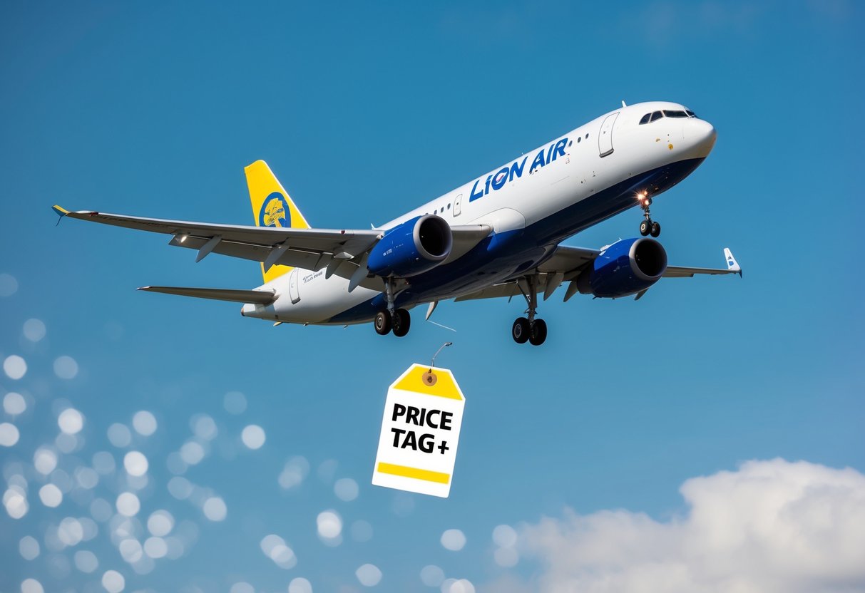 A lion air plane flying through a clear blue sky with a price tag dropping from the sky