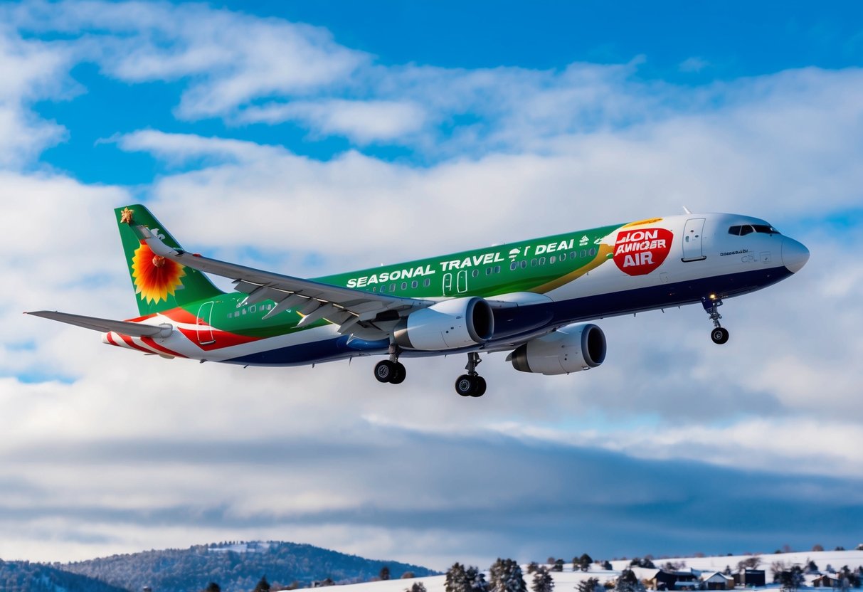 A festive airplane adorned with holiday decorations flies over a snowy landscape, with a banner promoting seasonal travel deals from Lion Air