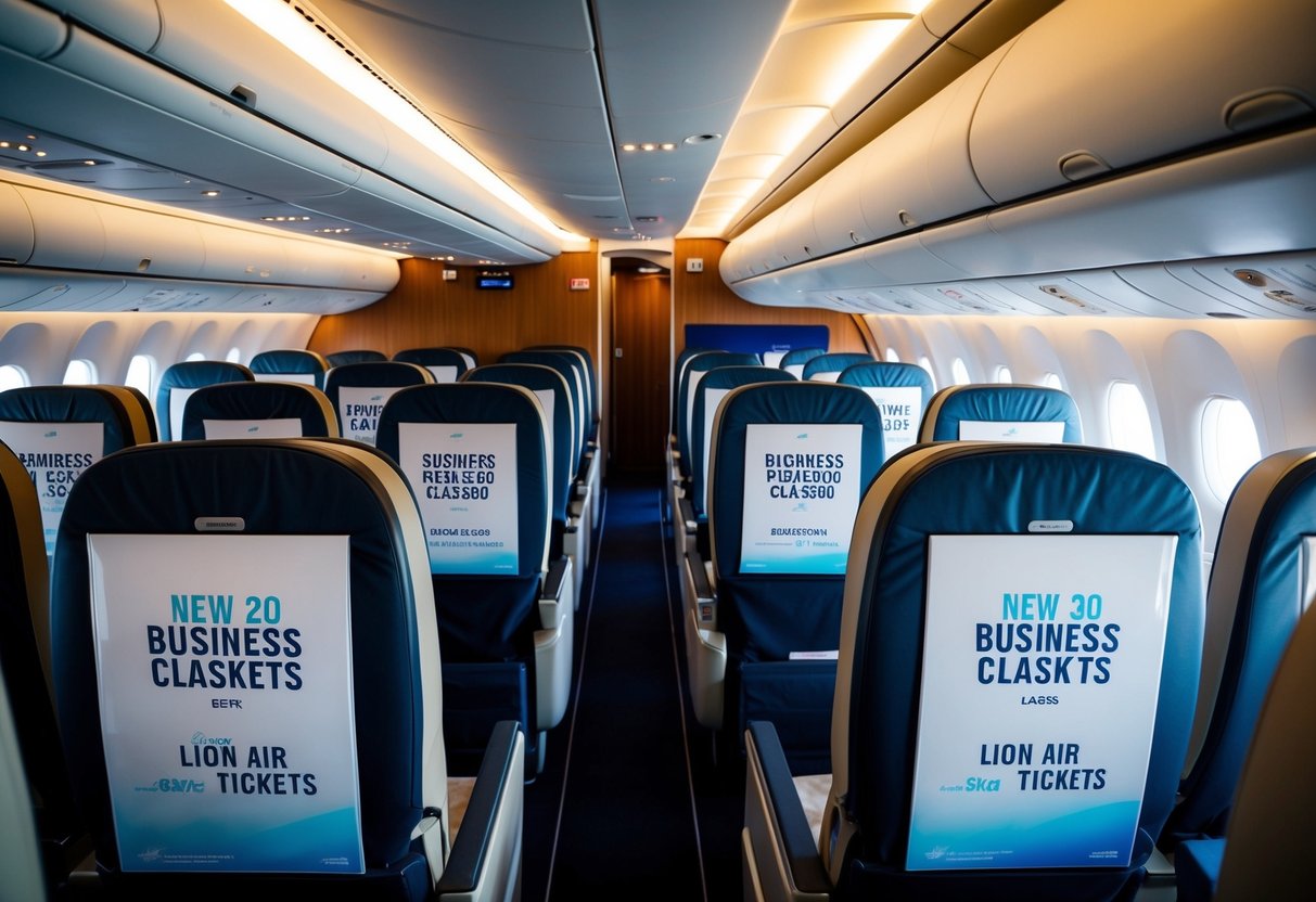 A lion air plane cabin with luxurious seats and promotional signage for discounted business class tickets