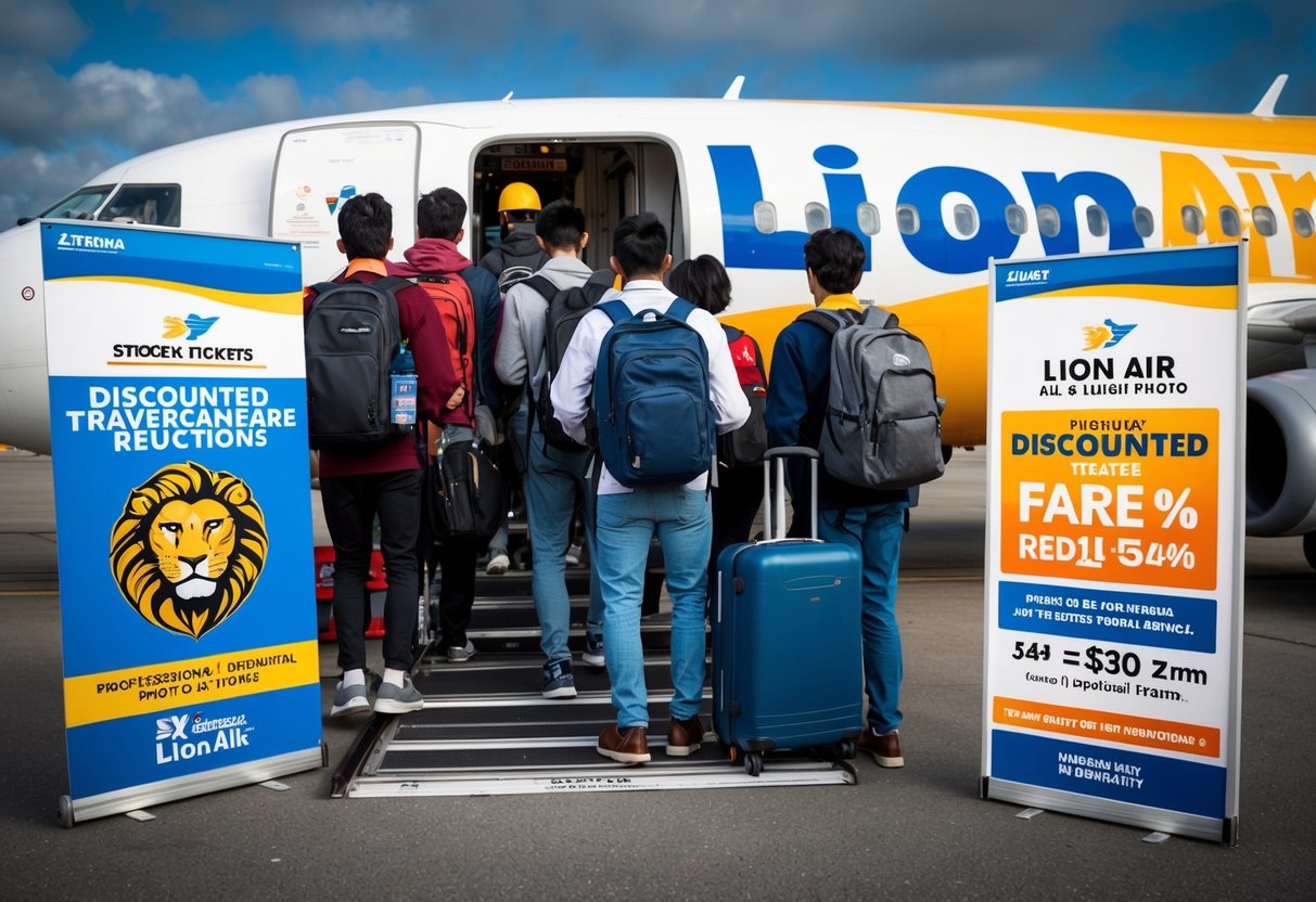 Students boarding a Lion Air plane with discounted tickets, surrounded by promotional materials and signs advertising travel fare reductions