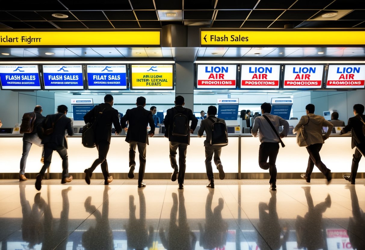 Passengers rushing towards a brightly lit airport ticket counter with signs advertising "Flash Sales on International Flights" and "Lion Air Promotions."
