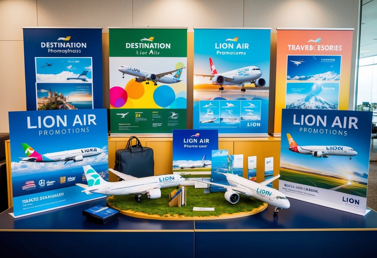 A colorful display of Lion Air promotions, featuring destination posters, airplane models, and travel accessories