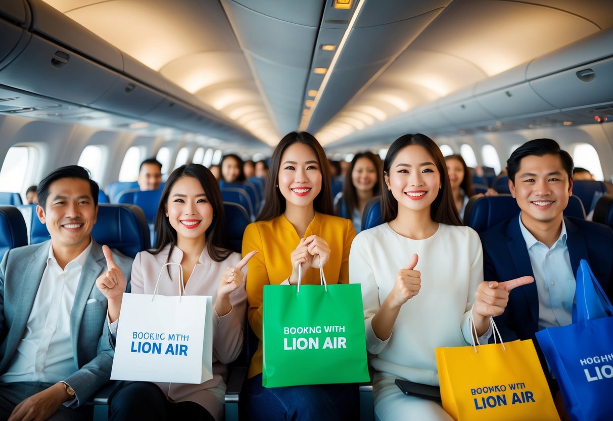 Passengers enjoying discounted fares and special deals while booking with Lion Air. Excitement and satisfaction evident on their faces