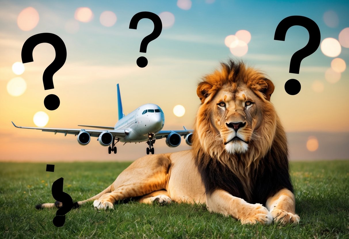 A lion and an airplane surrounded by question marks