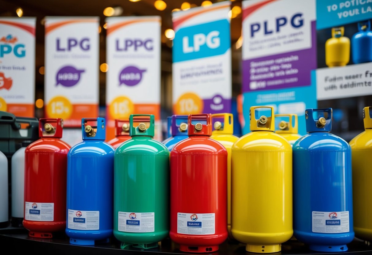 A group of colorful LPG canisters arranged in a display with promotional signage