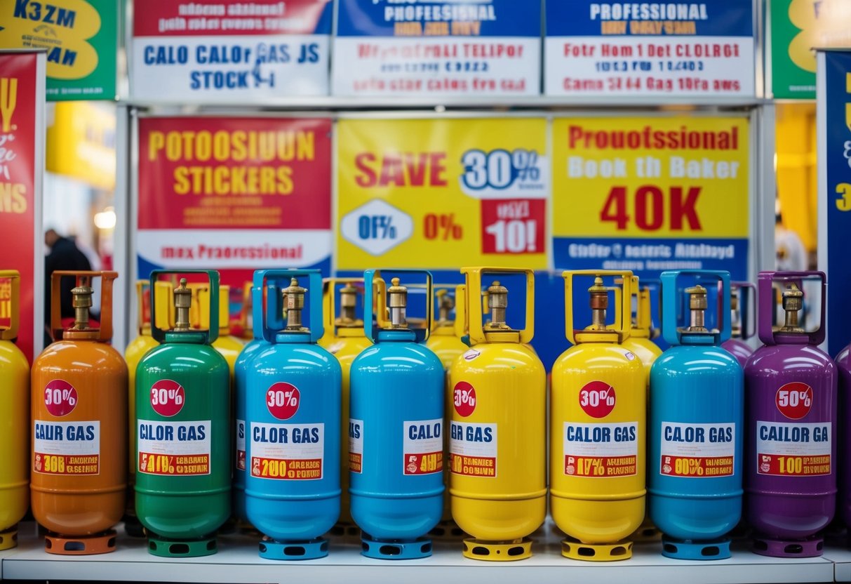 A colorful display of Calor Gas cylinders with discount stickers, surrounded by promotional banners and signs