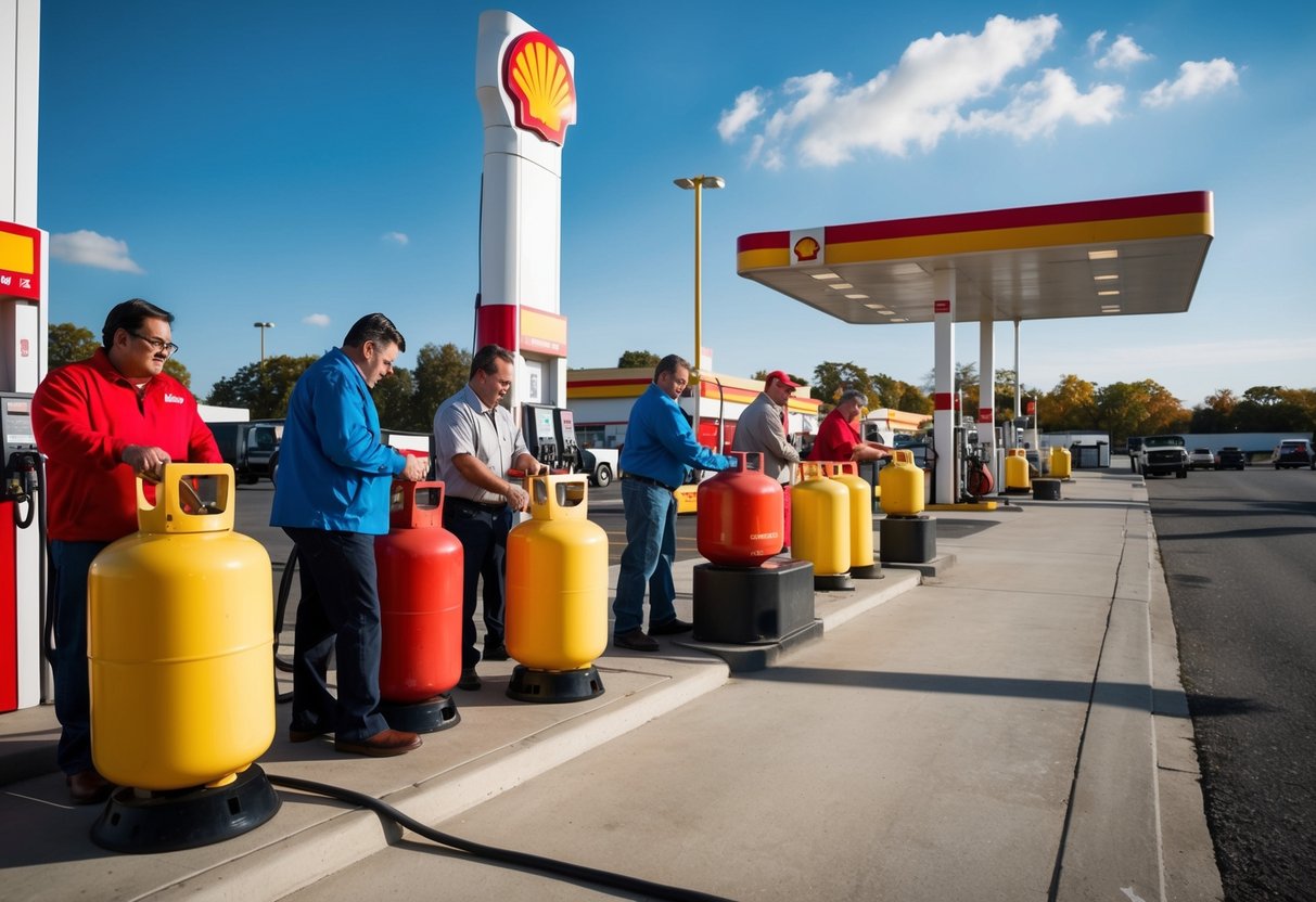 A busy gas station with customers trading in old propane tanks for new ones as part of Shell's promotion