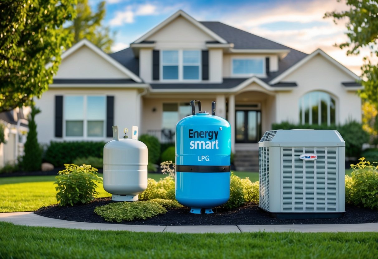 A family home with a prominent EnergySmart LPG tank, surrounded by energy-efficient appliances and greenery