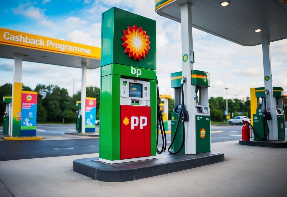 A vibrant BP gas station with a prominent Cashback Programme sign, surrounded by colorful lpg promotions