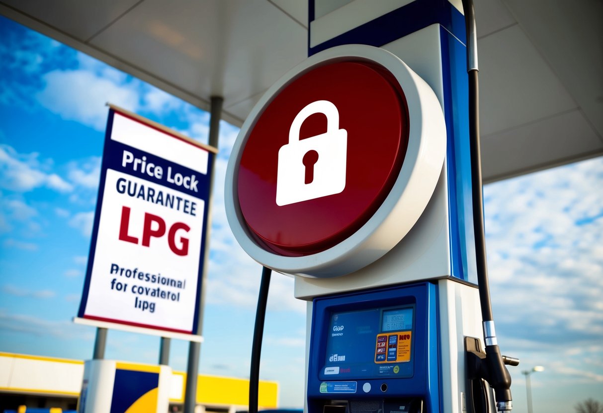 A large lock symbol hovering over a fuel pump with a banner promoting a "Price Lock Guarantee on LPG" offer