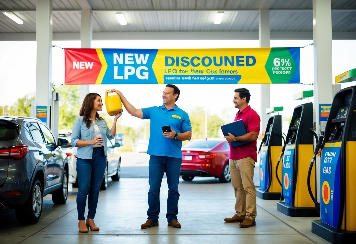 A colorful banner advertising discounted LPG for new customers, surrounded by happy customers filling their gas tanks