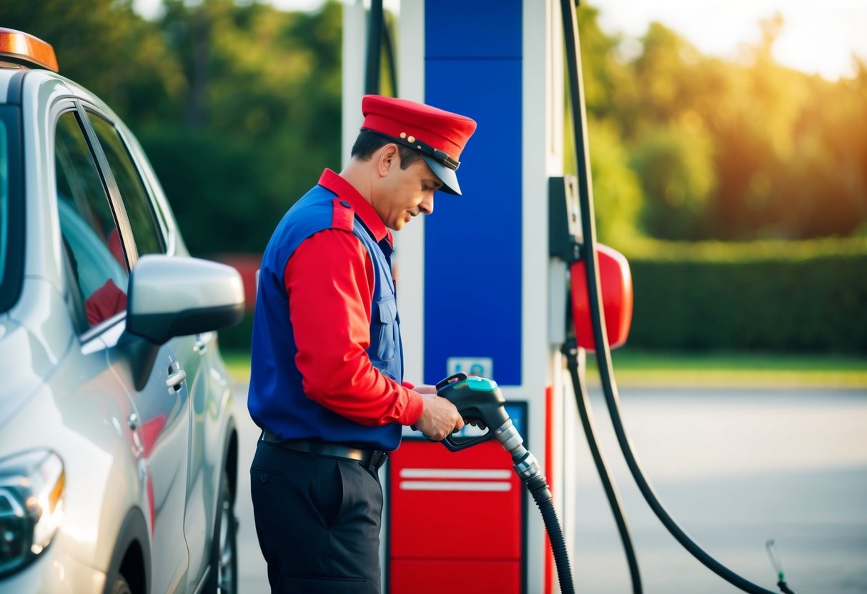 A gas station attendant performing a safety check on a customer's vehicle after they have purchased LPG