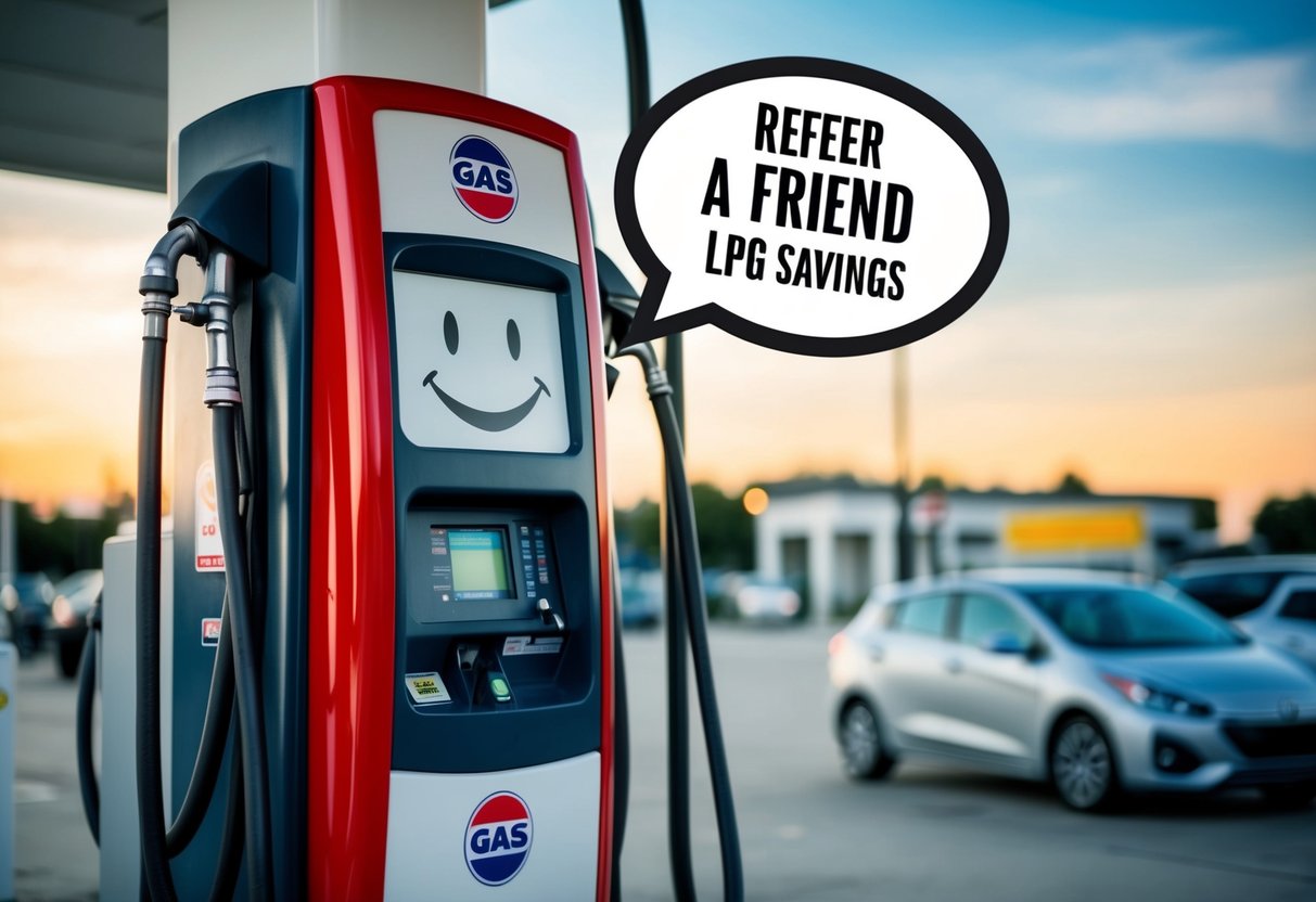 A smiling gas pump with a speech bubble, pointing to a sign for "Refer a Friend LPG Savings" promotions
