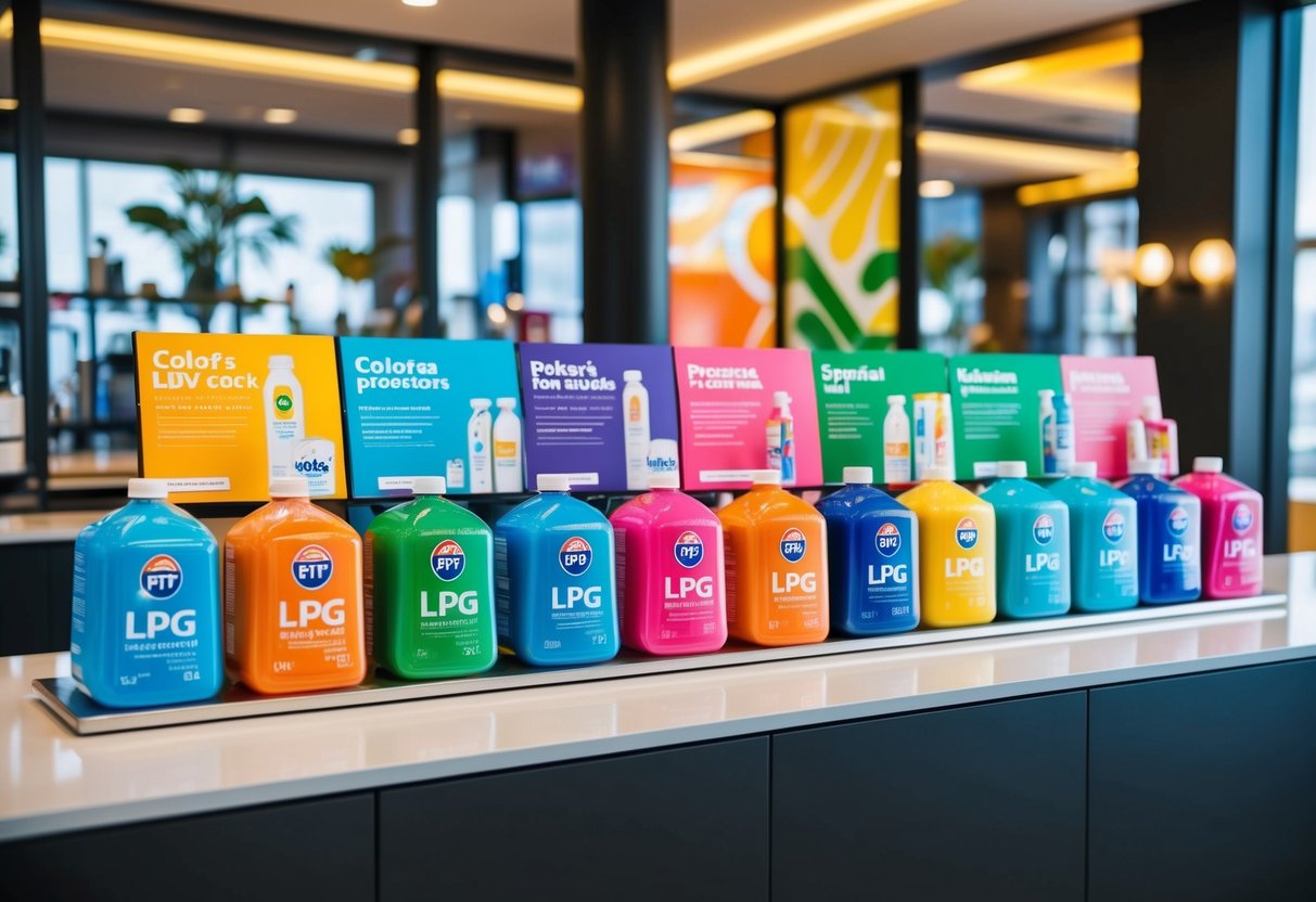 A vibrant display of LPG promotional materials and products arranged on a sleek, modern counter. Bright colors and bold branding catch the eye