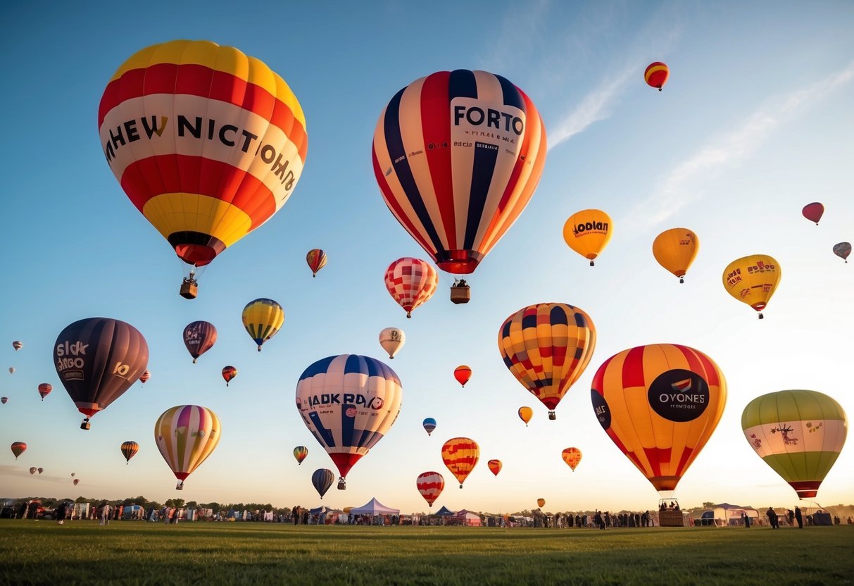 A colorful hot air balloon festival with various branded balloons floating in the sky