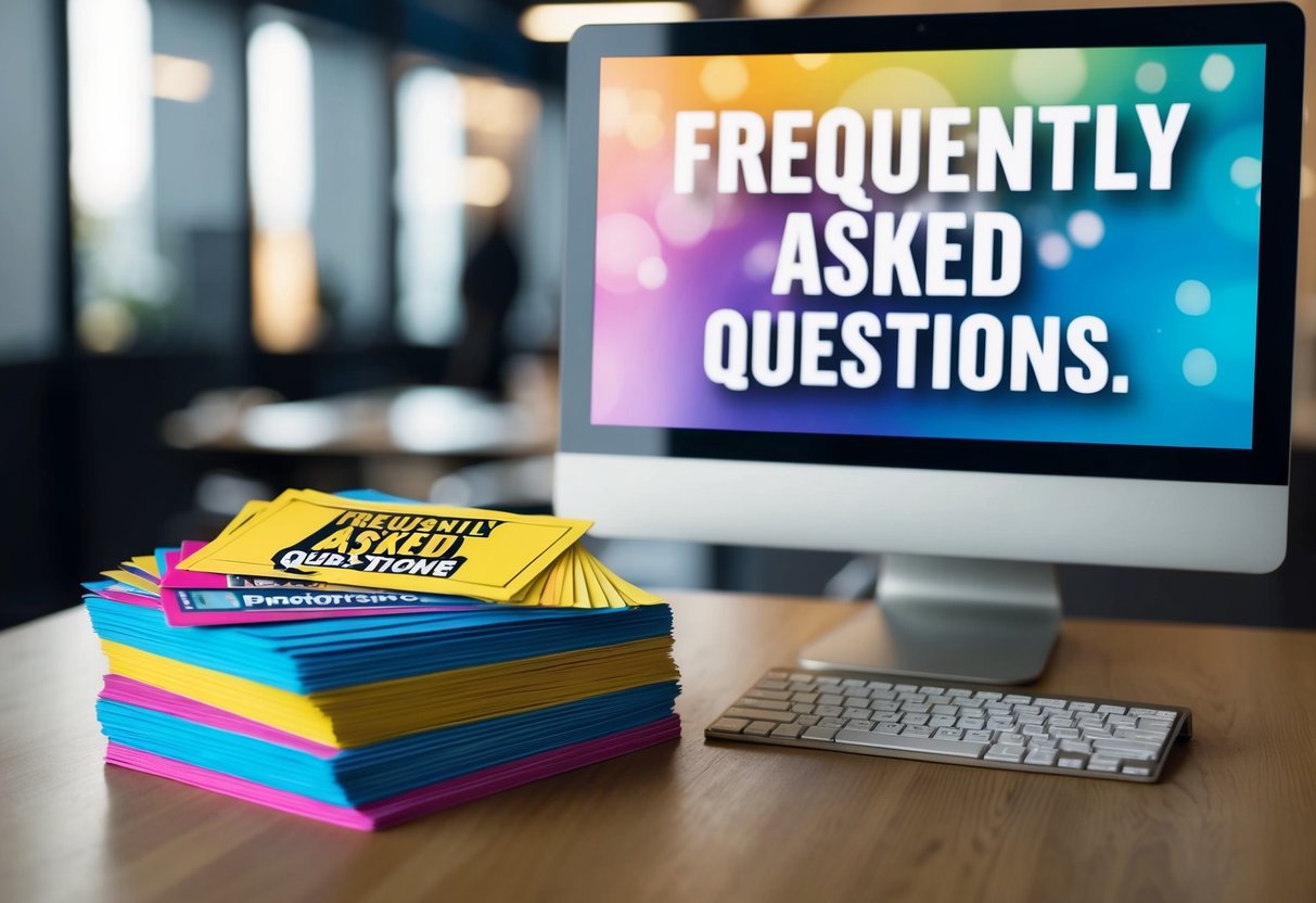 A stack of colorful promotional flyers and a computer screen displaying "Frequently Asked Questions" related to LPG promotions