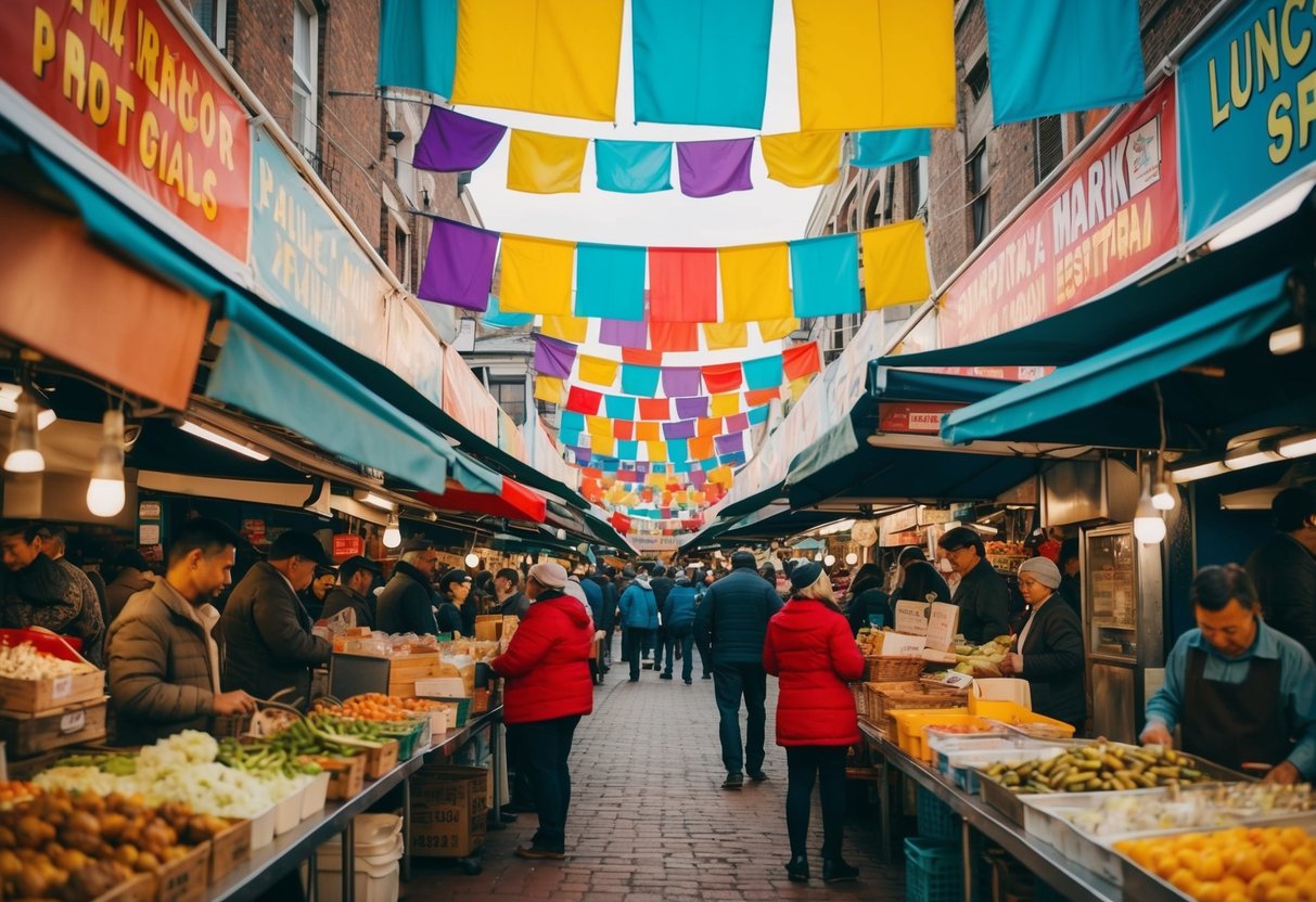 A bustling outdoor market with colorful banners and vendors offering lunch specials
