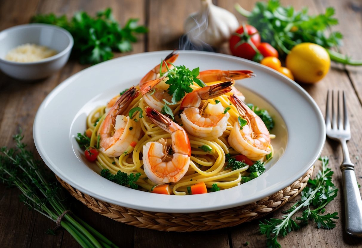A steaming plate of Mediterranean prawn pasta surrounded by fresh herbs and colorful vegetables, set on a rustic wooden table