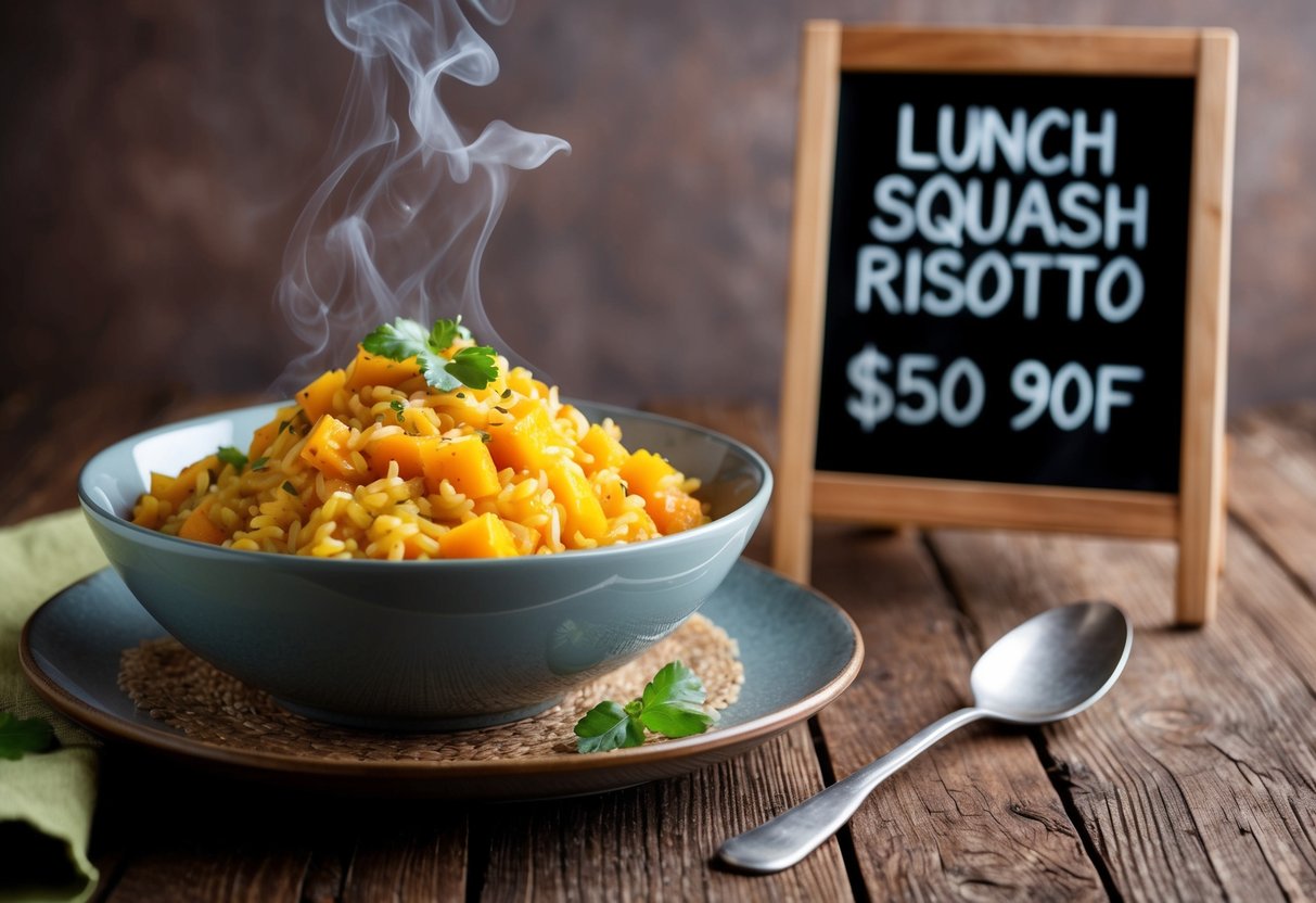 A steaming bowl of butternut squash risotto on a rustic wooden table with a chalkboard sign advertising lunch promotions in the background