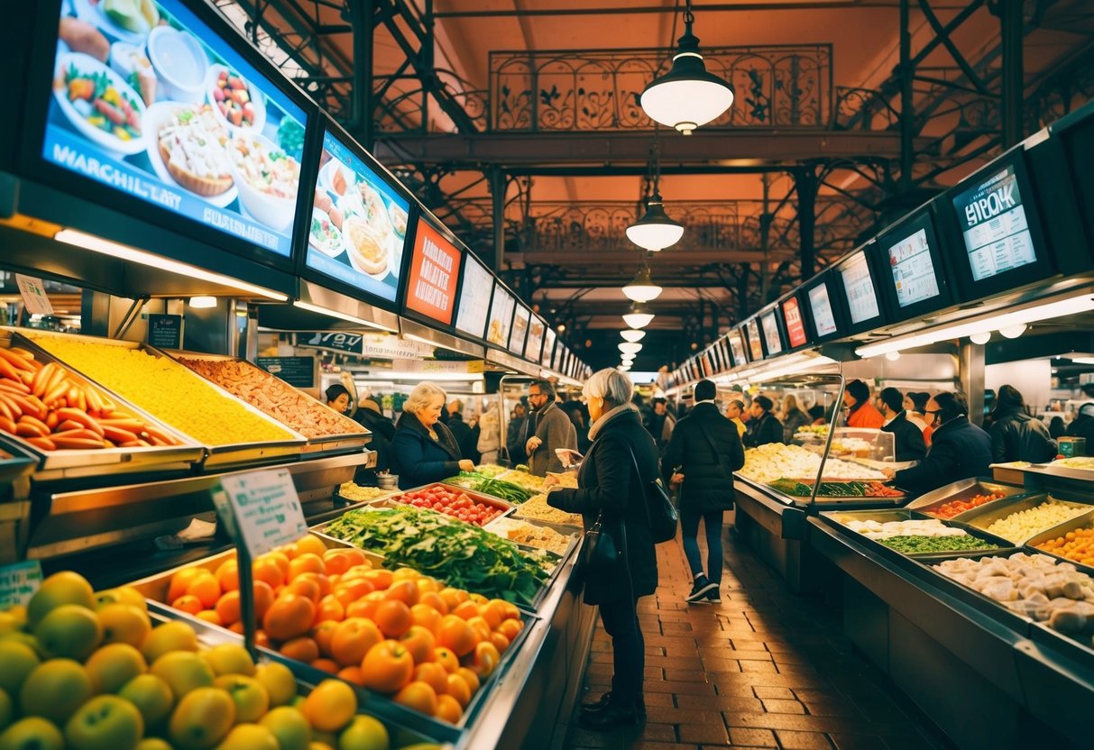 The bustling Marché lunch market with colorful food displays, bustling activity, and vibrant atmosphere