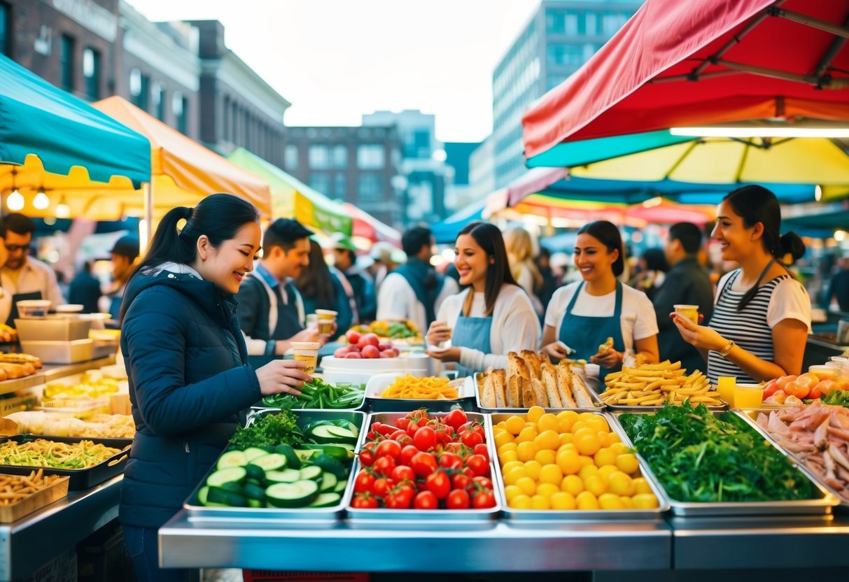 A vibrant outdoor market with colorful food stalls and people enjoying a variety of fresh and delicious lunch options