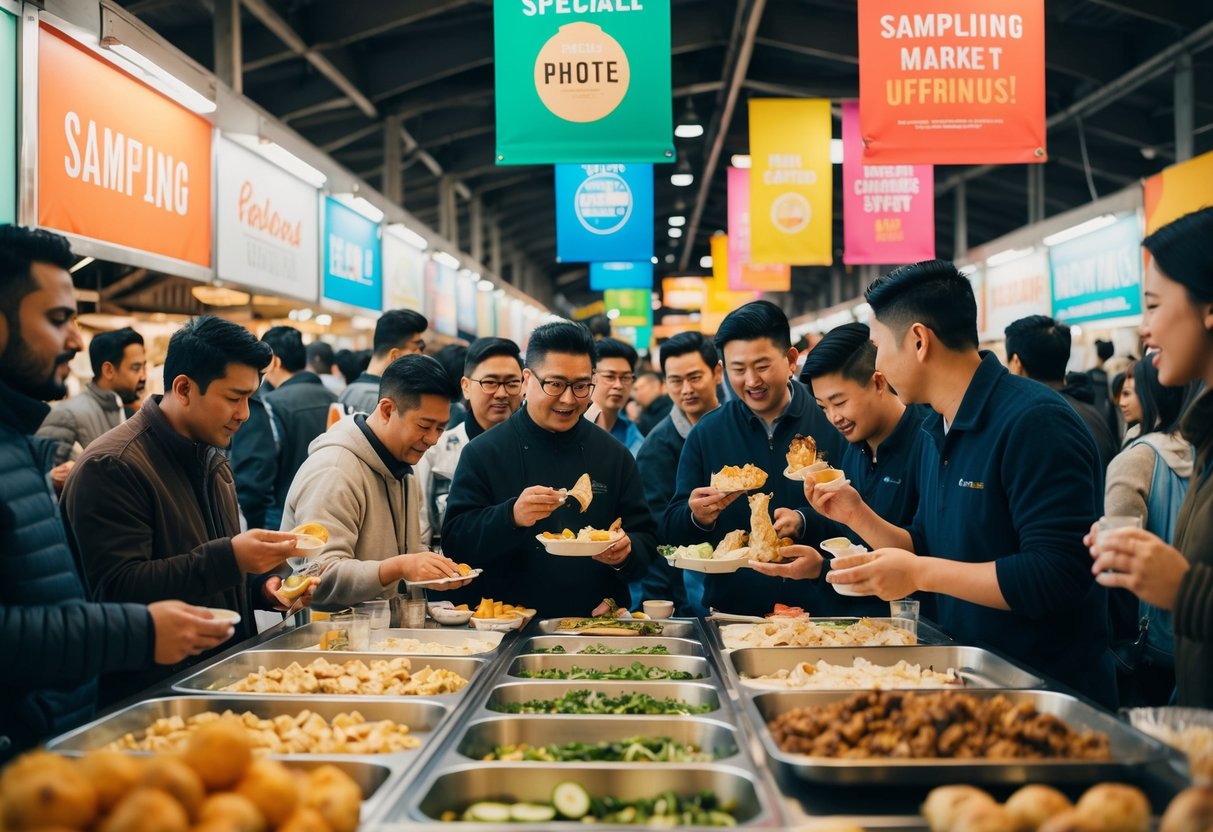 A bustling lunchtime crowd gathers around a market stall, sampling and reviewing the latest offerings. The vendor eagerly listens to feedback, surrounded by colorful banners promoting the day's specials