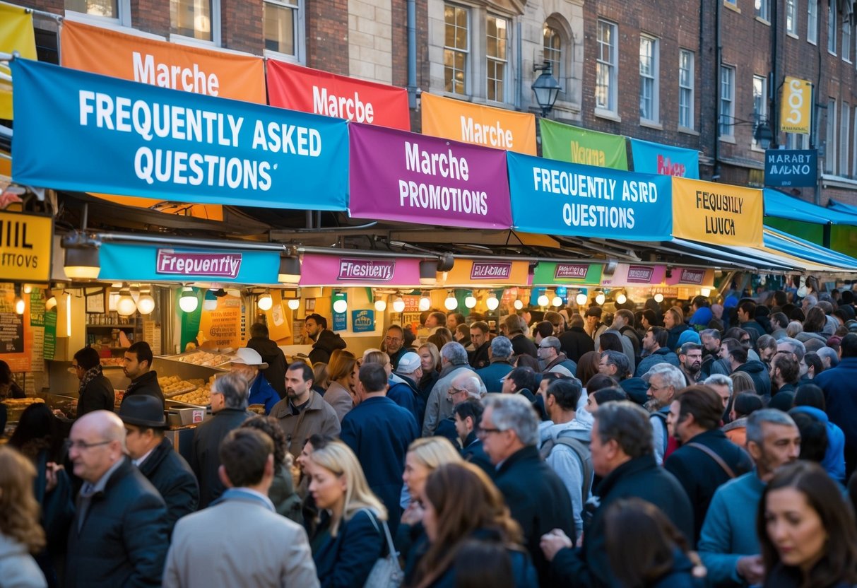 A bustling lunchtime crowd gathers around a vibrant market stall adorned with colorful banners advertising "Frequently Asked Questions" marche lunch promotions