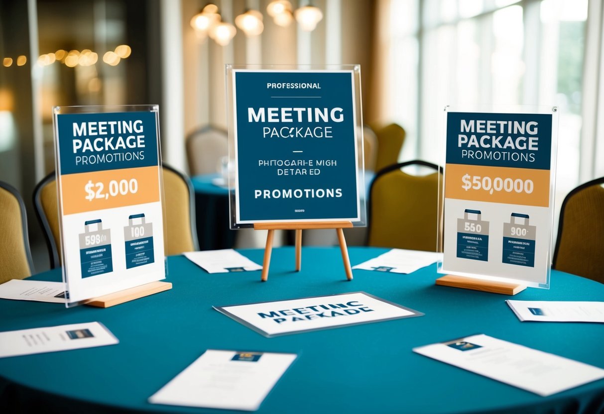A table with various meeting package promotions displayed, surrounded by chairs and a signboard