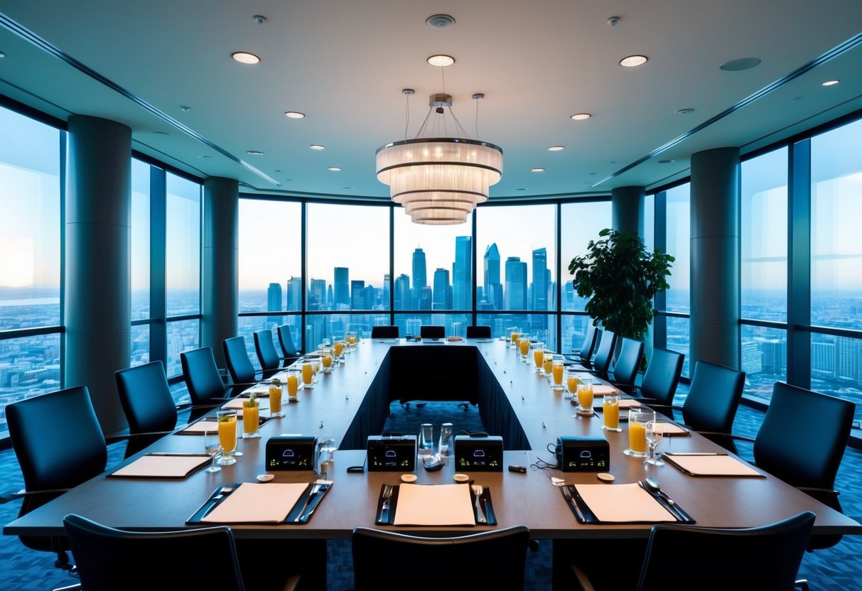 A luxurious conference room with modern furnishings, large windows, and a view of the city skyline. Refreshments and AV equipment are neatly arranged on the table