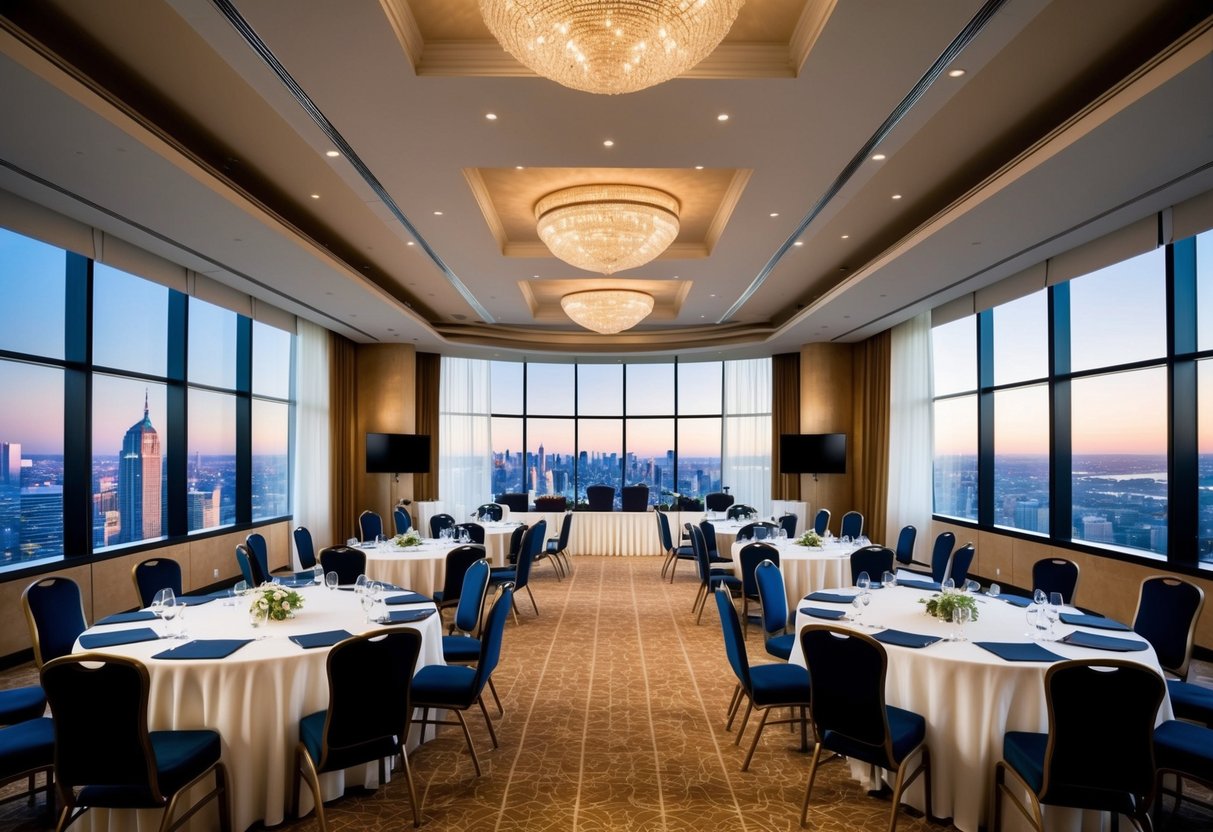 A grand ballroom filled with elegant conference tables, plush chairs, and modern AV equipment. The room is bathed in warm, soft lighting, with large windows offering a stunning view of the city skyline