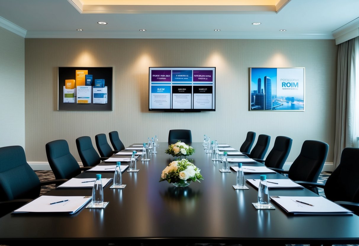 A conference room with a table set for a meeting, featuring promotional materials and packages displayed on the walls and on the table