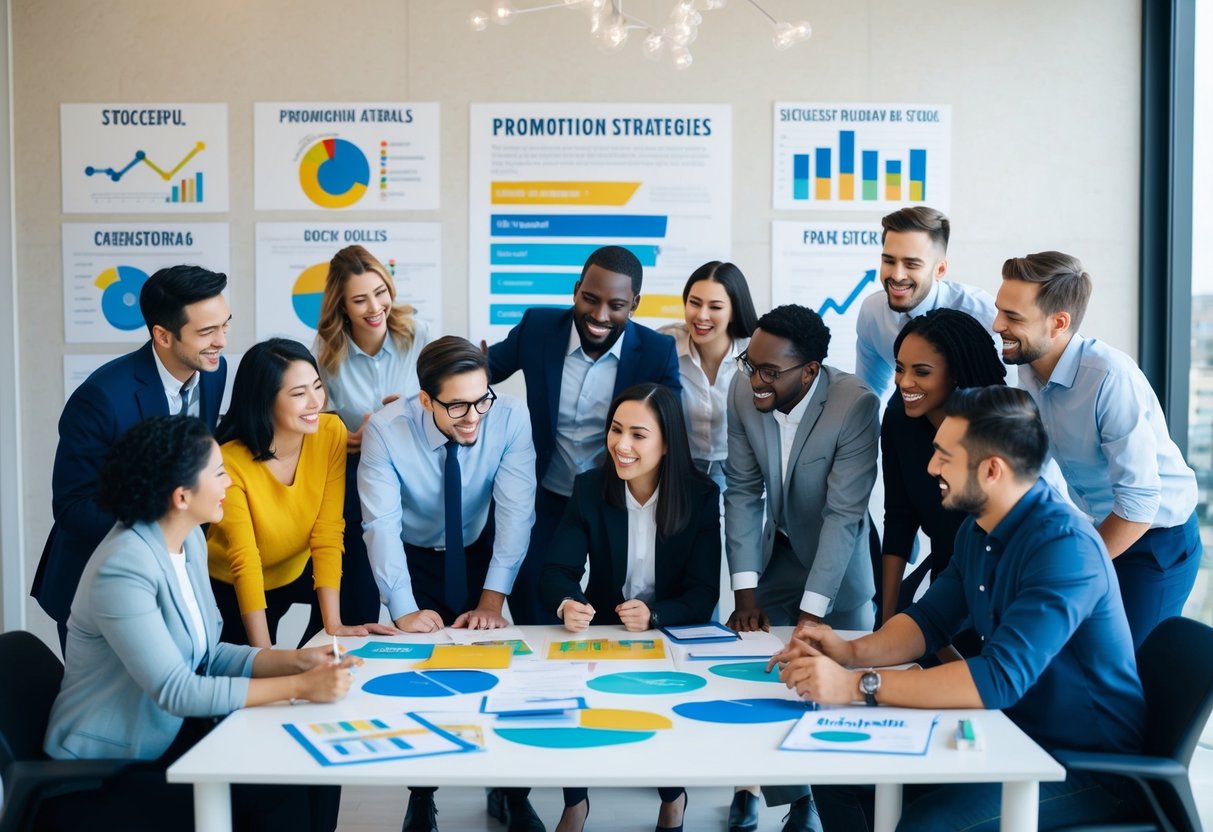 A group of diverse, enthusiastic people gather around a table covered in promotional materials and brainstorming ideas. Charts and graphs adorn the walls, showcasing successful promotion strategies