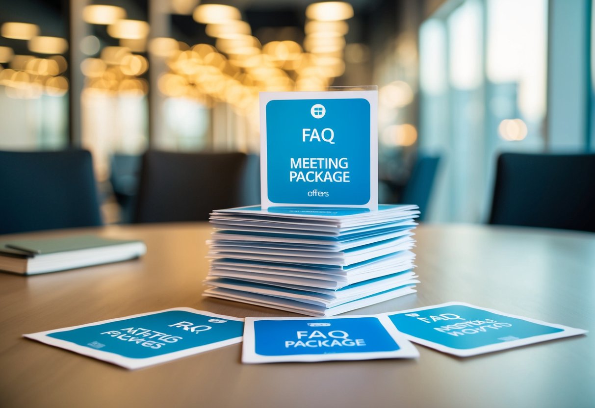 A stack of promotional materials with FAQ icons and meeting package offers displayed on a table
