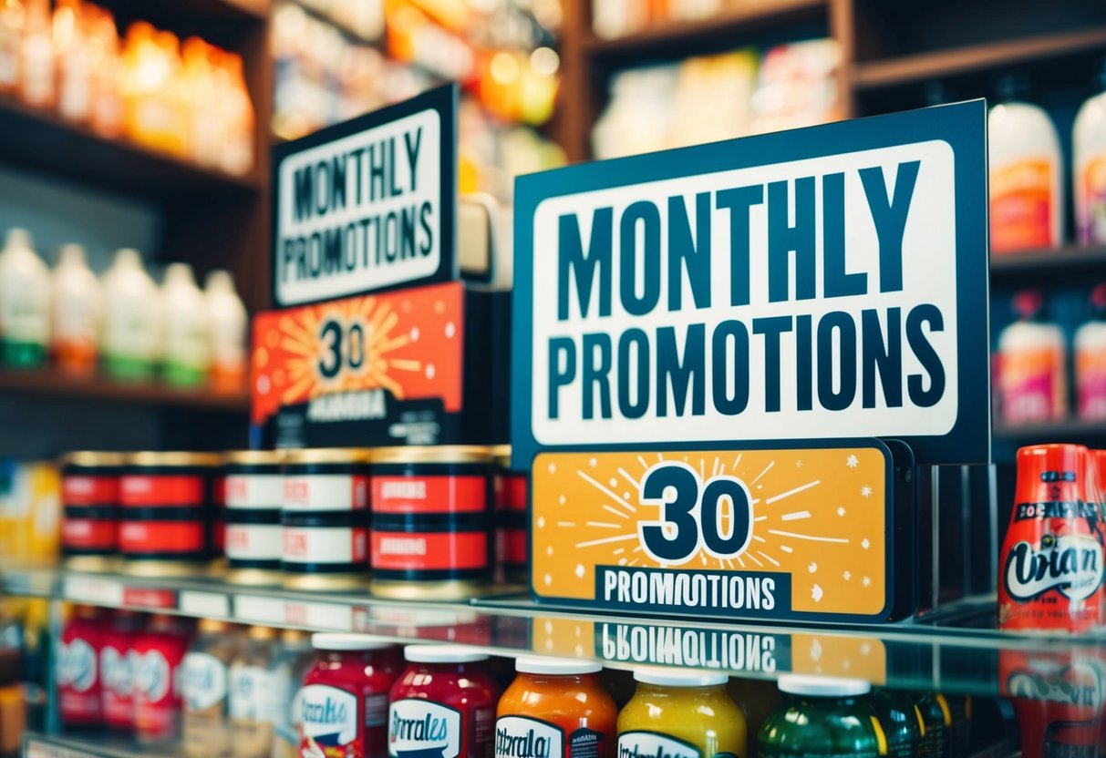 A display of various products with "monthly promotions" signage