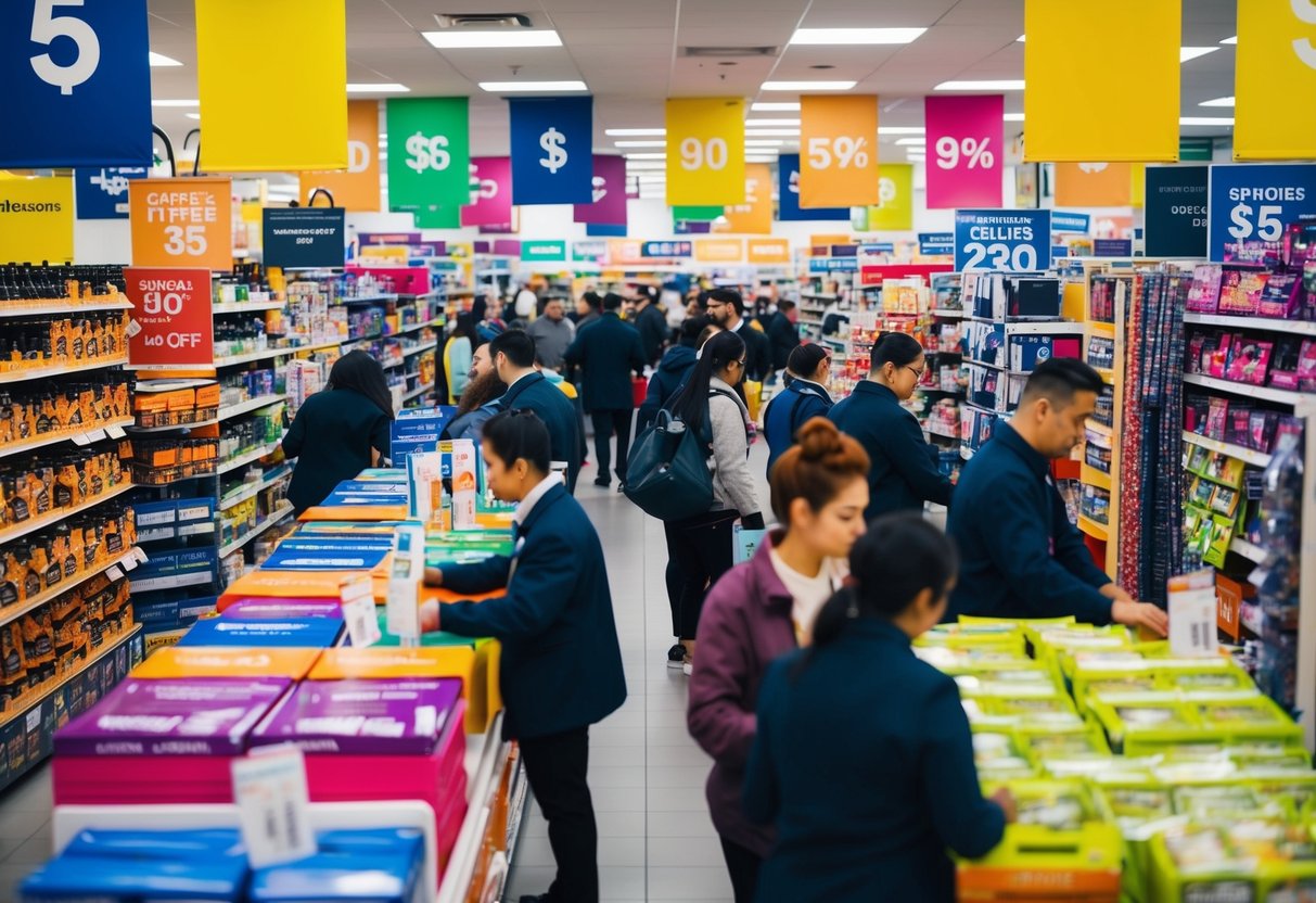 A crowded store with colorful banners, shelves filled with discounted items, and busy staff assisting customers