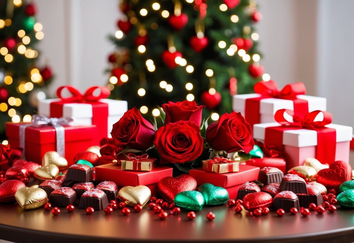 A table overflowing with heart-shaped chocolates, red roses, and gift boxes, surrounded by festive decorations and twinkling lights
