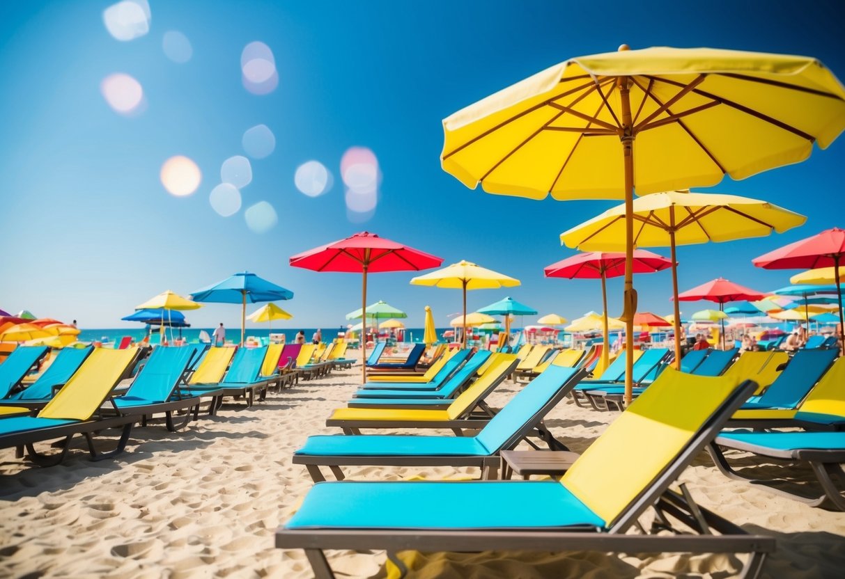 A vibrant beach scene with colorful umbrellas, sun loungers, and a clear blue sky, showcasing a lively summer promotion event