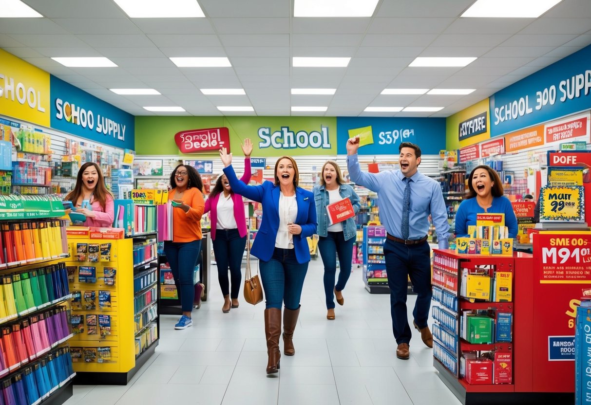 A bustling school supply store with colorful displays and excited customers taking advantage of special deals and promotions