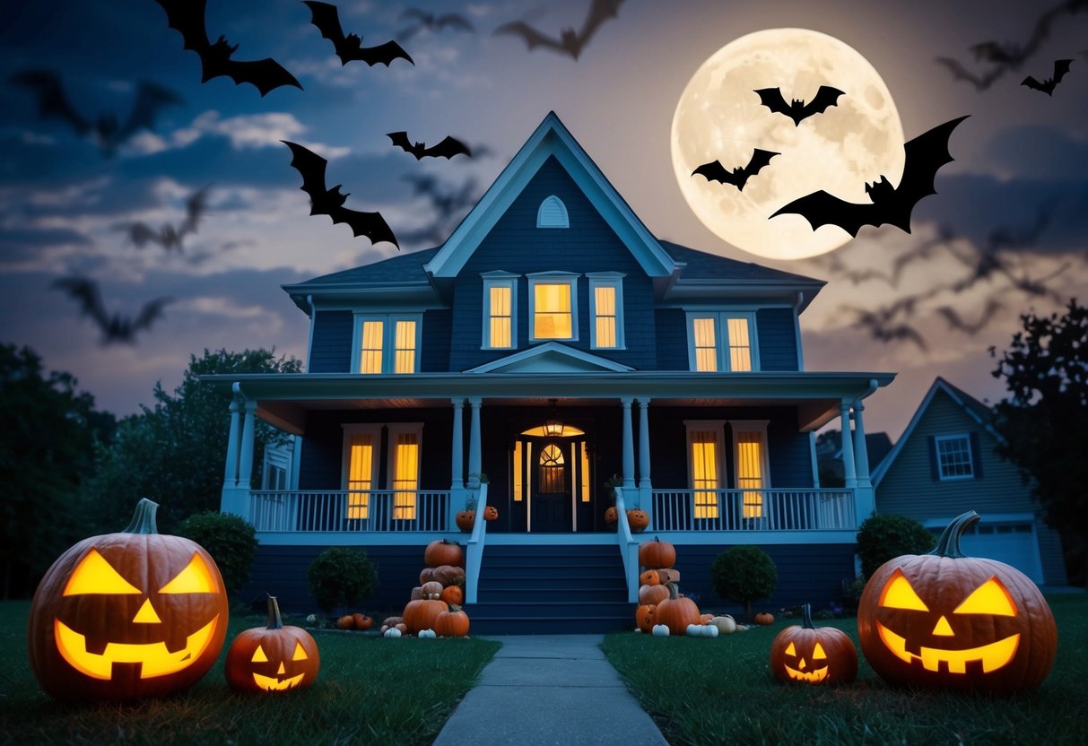 A spooky haunted house with bats, pumpkins, and a full moon