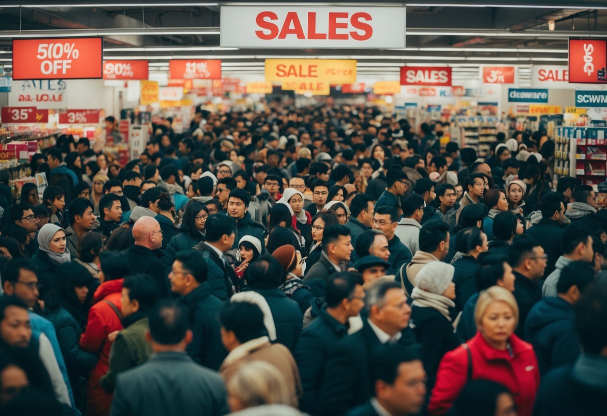 Crowds swarm around discounted items in a chaotic shopping environment, with sales signs and banners filling the space