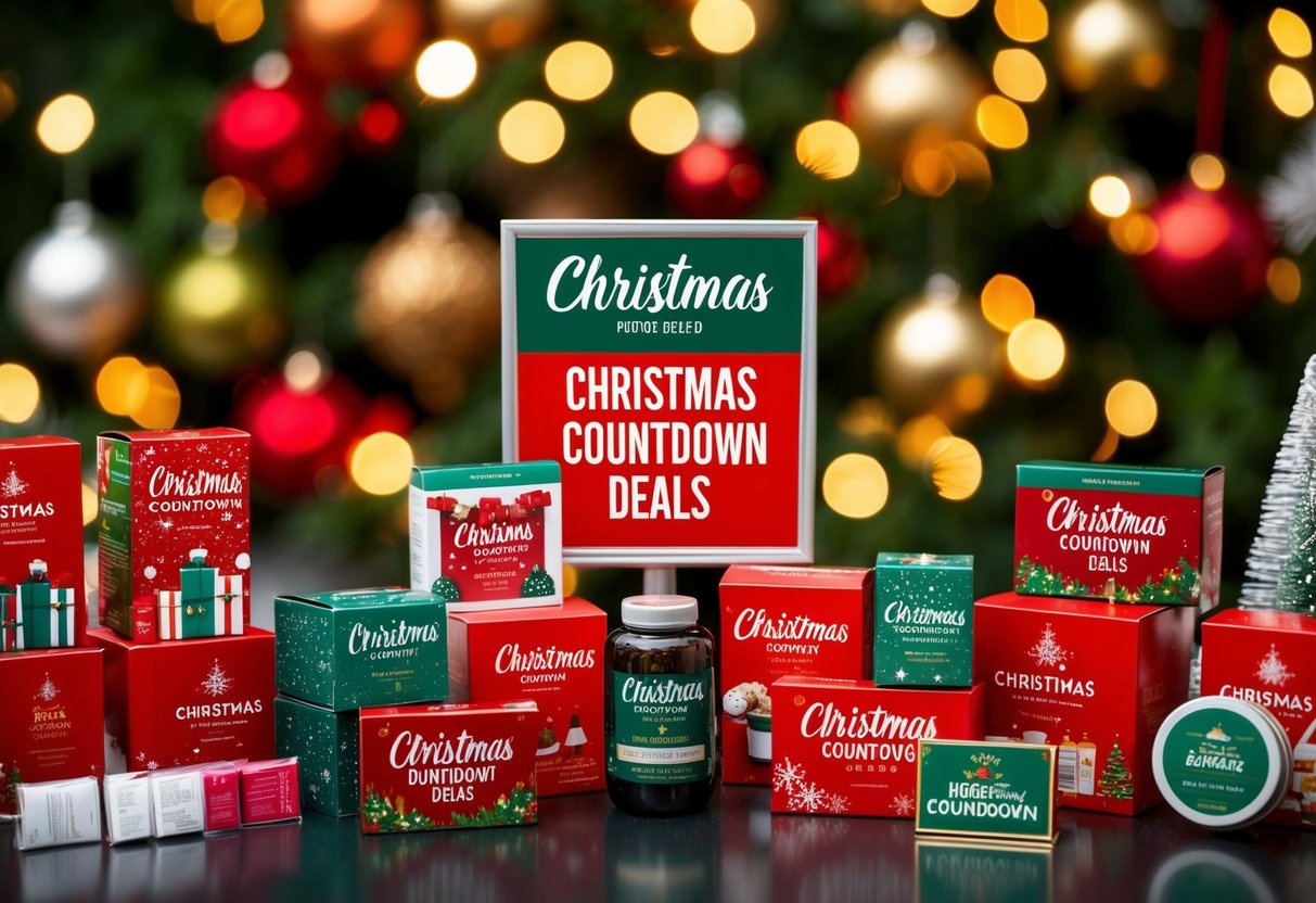 A festive display of holiday-themed products with "Christmas Countdown Deals" signage