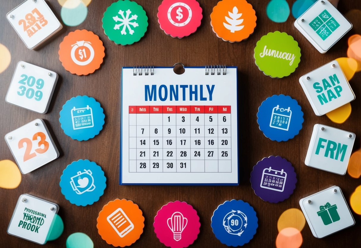 A calendar surrounded by colorful, themed decorations and symbols representing different monthly promotions