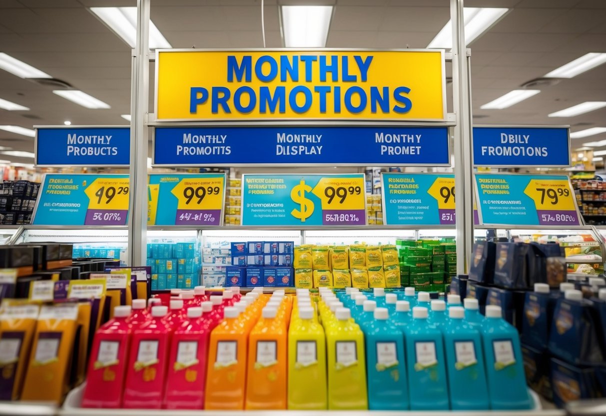 A colorful display of products with "monthly promotions" signage above. Bright, eye-catching graphics and discounted prices draw in customers