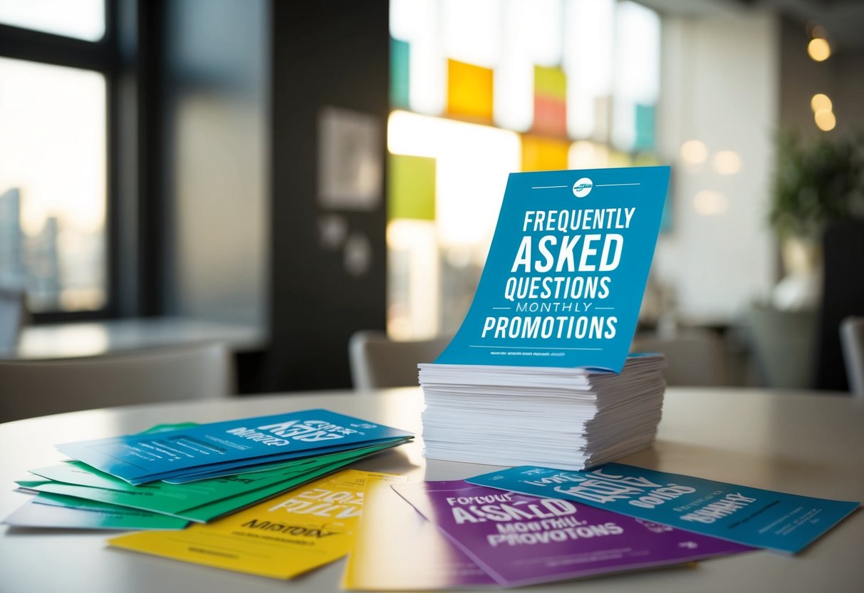 A stack of colorful promotional flyers arranged on a table with a logo and "Frequently Asked Questions monthly promotions" prominently displayed