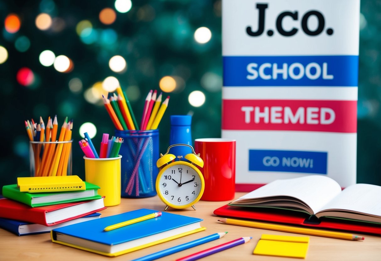 A school-themed setting with colorful school supplies, books, and a J.CO promotional banner