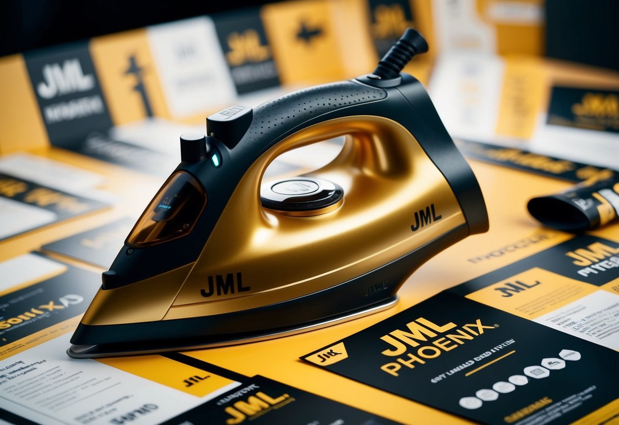 A sleek JML Phoenix Gold Iron surrounded by promotional materials
